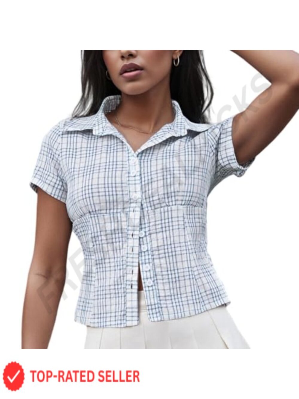 Women's Gingham Top Short Sleeve Button Up V Neck Plaid Shirt Ruched Bust